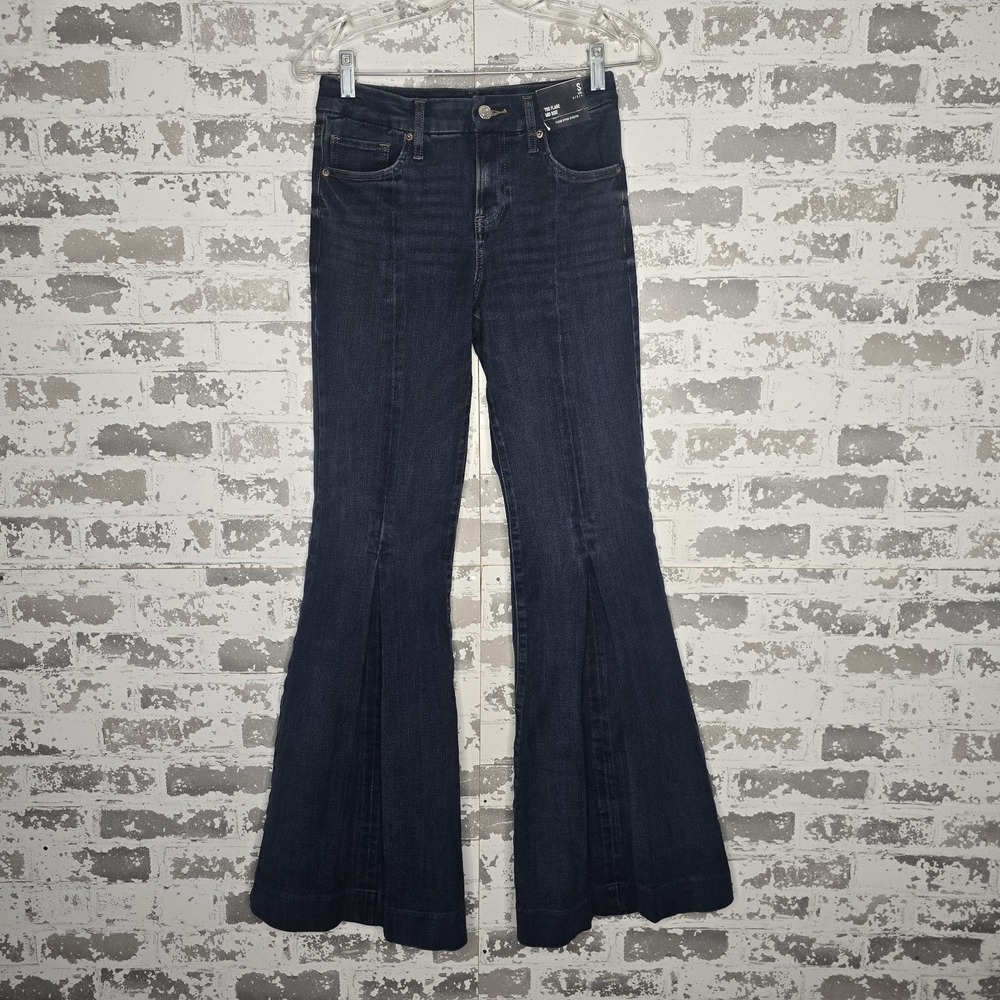 Express Jeans Womens Small 0/2/4 '70s Flare Mid Rise Dark Blue Whiskered Denim